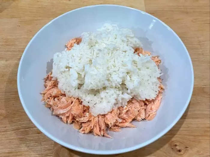 I then shredded my salmon before adding leftover rice to the mixture.