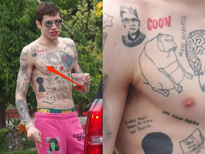 He has the word "goon" on his chest along with a one-eyed cartoon.