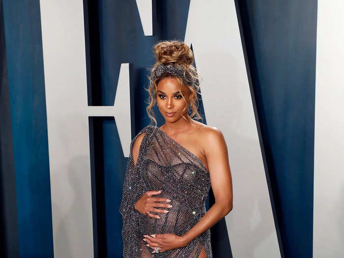 Ciara looked beautiful in a custom see-through Ralph & Russo gown that had a dramatic slit at the 2020 Vanity Fair Oscars after-party.