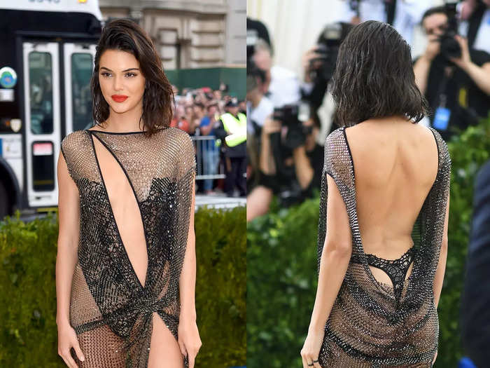 The sheer La Perla dress Kendall Jenner wore to the 2017 Met Gala had a thigh-high slit, torso cutout, and was totally backless, exposing her thong underwear.