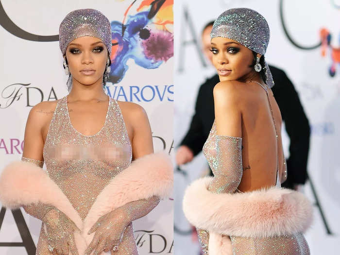 Rihanna wore a translucent Adam Selman gown embellished with head-to-toe Swarovski crystals to the 2014 CFDA awards.