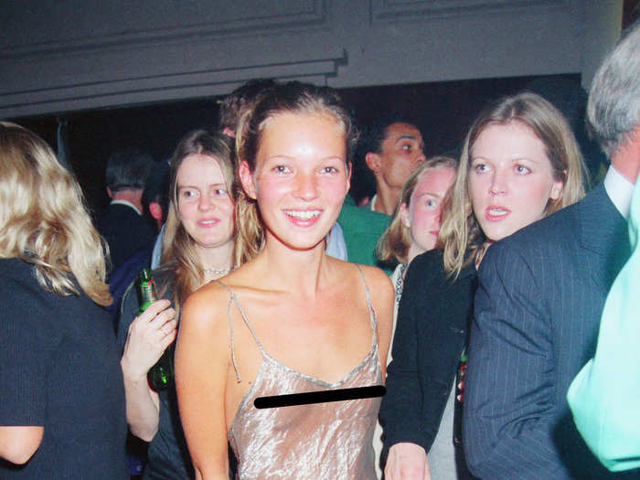 Kate Moss wore a casual Liza Bruce dress that exposed her black underwear at an Elite Model Agency party in 1993.