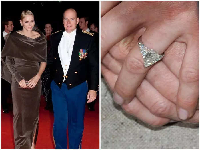 Prince Albert of Monaco proposed to Princess Charlene in 2010 with a 3-carat, pear-shaped diamond with smaller diamonds around it designed by Repossi.