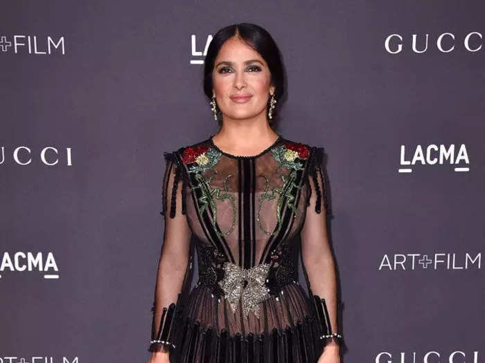 Hayek opted for a sheer gown with beaded details for an appearance in LA in October 2016.