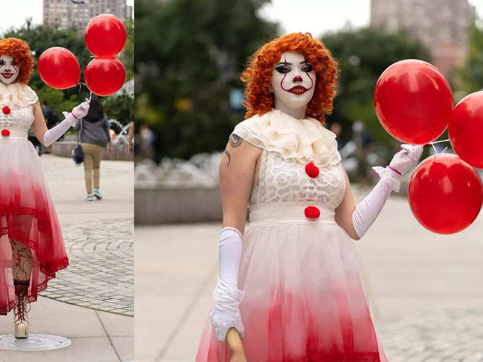 This cosplayer put a unique spin on Pennywise the Clown with DIY painting on the skirt and fake blood dripping down her legs and high heels.