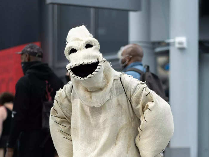 This custom made Oogie Boogie costume took one month and $100 to make.