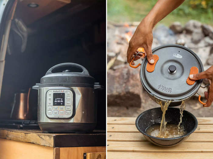 Their Instant Pot stores food as it cooks it, so a meal is ready by the time they get to camp, Rodriguez said, adding that her other go-to pots and pans have collapsible handles.