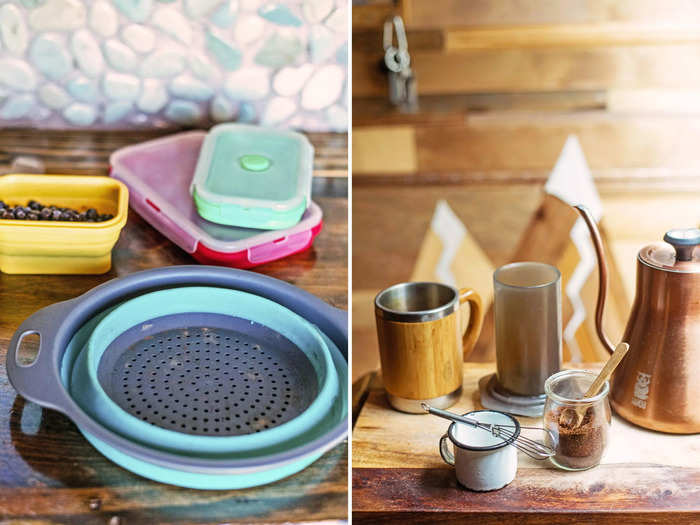 Rodriguez said some tools make tiny kitchens more livable. Collapsible dishes and a tiny coffee kit take up hardly any storage space.