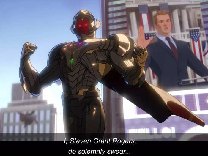 Steve Rogers seems to be being sworn in as president in one of the alternate universes