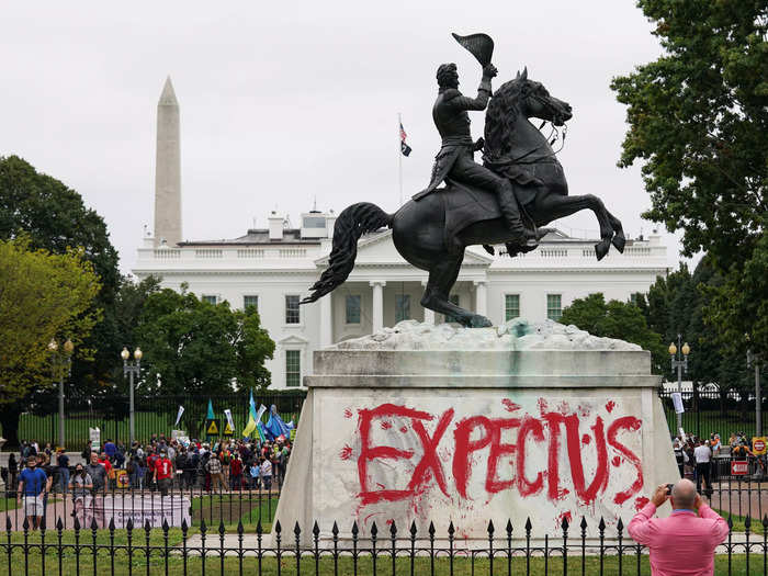 "Expect us" was spray-painted on the statue of U.S. President Andrew Jackson.