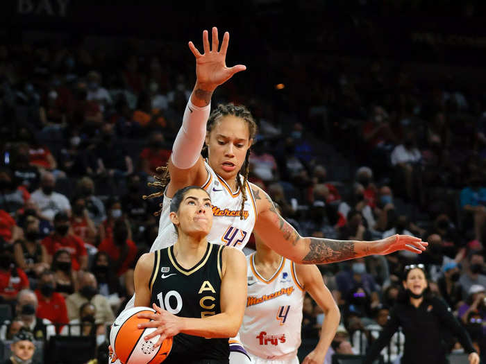 9/30: Phoenix Mercury center Brittney Griner extends her arm to try to block a shot from Las Vegas Aces