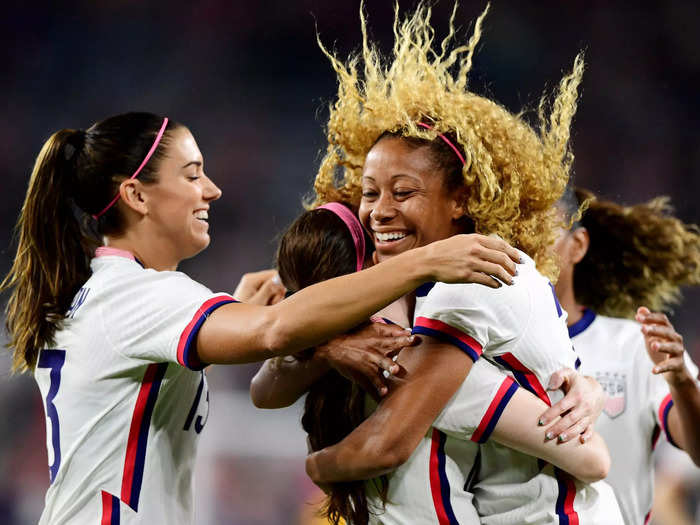 9/21: Rose Lavelle celebrates with teammates after scoring a USWNT goal in her hometown of Cincinnati, Ohio.