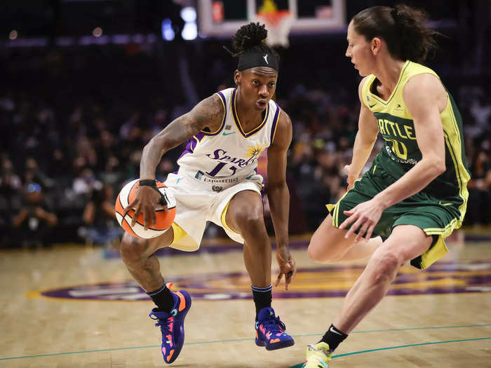 9/12: Los Angeles Sparks guard Erica Wheeler sends Seattle Storm point guard Sue Bird stumbling with a crossover.