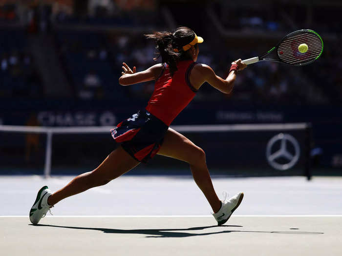 9/8: Emma Raducanu plays a shot during a US Open match.