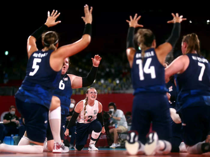 9/5: The American volleyball team celebrates winning a point during the Tokyo Paralympic gold-medal match.