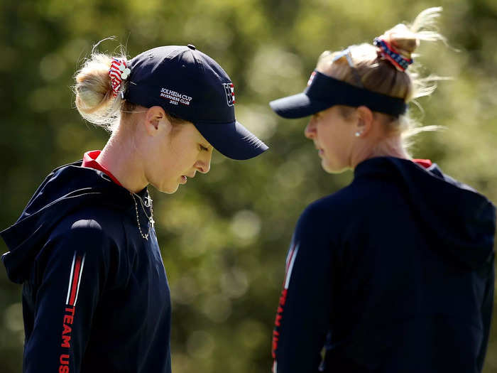 9/1: Americans Nelly Korda and Jessica Korda look on during a practice round ahead of the start of The Solheim Cup at Inverness Club in Toledo, Ohio.