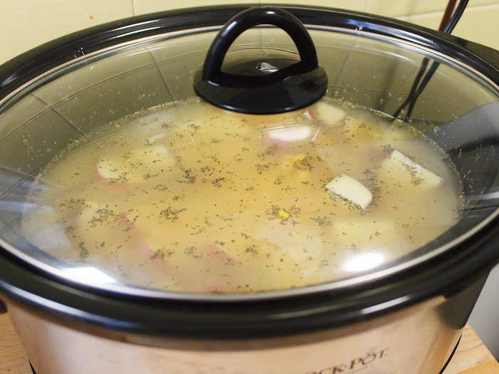 The chowder cooks on high for three hours, or until the potatoes are tender.