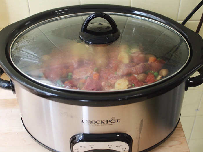 The stew cooks for five hours on high, so be sure to set a timer if your slow cooker shuts off at the six-hour mark as mine does.