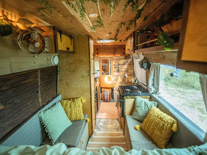 On the ceiling, which is made of cedar, artificial plants appear to be growing into the space, making it feel more like the outside, Nat and Abi said.