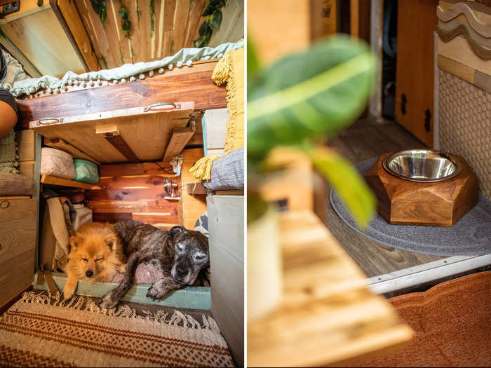 Also in the living room, Nat and Abi carved out a space specifically for their dogs underneath their bed.