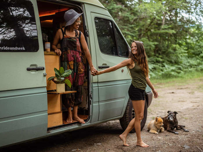 Inspired by nature, Nat and Abi converted their sprinter van into a tiny cabin on wheels.