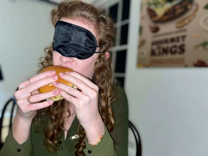 It tasted good but the sloppy toppings made it difficult to hold the burger together, especially while wearing a blindfold.