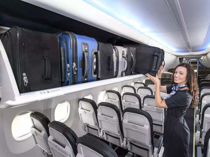 According to Boeing, the Space Bins sit two inches lower in the cabin, which reduces headspace, but has a lower bin lip, allowing passengers to more easily see the back of the bin and making bag loading easier.