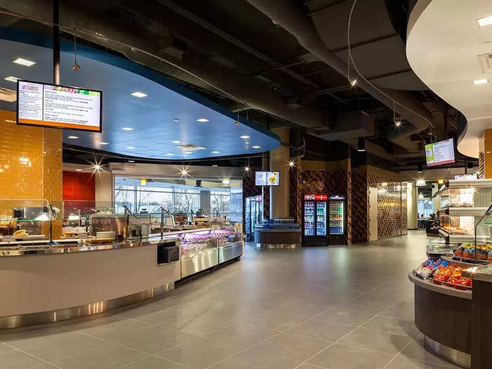 A large food court with a number of dining options, like soups, sandwiches, pizza, and a made-to-order grille...