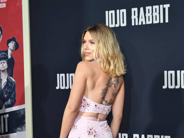 Johansson chose a sweet pink set with a cropped halter top and beaded flowers for the premiere of "Jojo Rabbit" on October 15, 2019.
