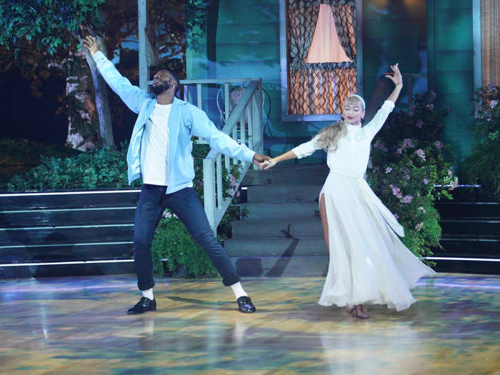 SAFE: Iman Shumpert and Daniella Karagach scored 28 out of 40 for their Viennese waltz to "Hopelessly Devoted To You" - the lowest score of the night. But the pair received enough votes to avoid the bottom two.