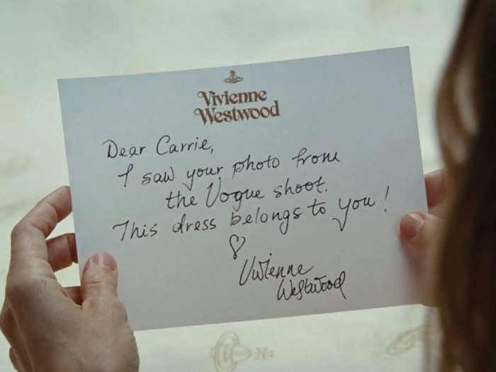 The handwritten note that Carrie receives with her wedding dress was actually written by Vivienne Westwood.