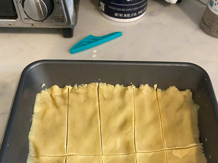 Next, I sliced the dough into rectangles and put it in the oven for 55 minutes at 300 degrees.