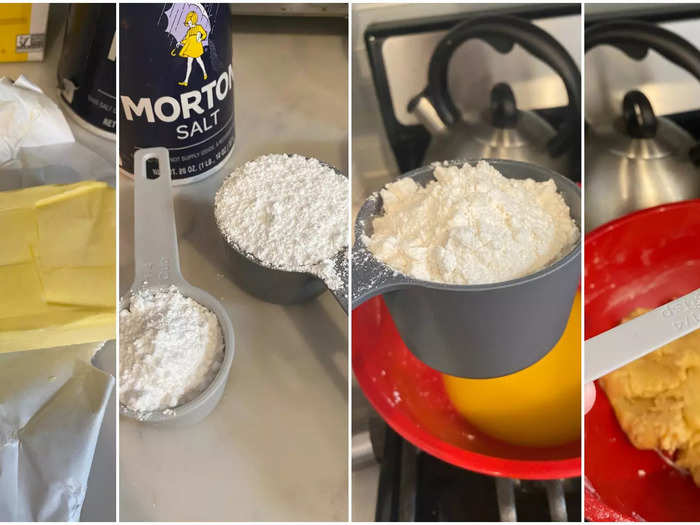 The recipe called for 8 ounces of butter (or two sticks), 3/4 cup of powdered sugar,2 cups of all-purpose flour, and 1/4 teaspoon of coarse salt.