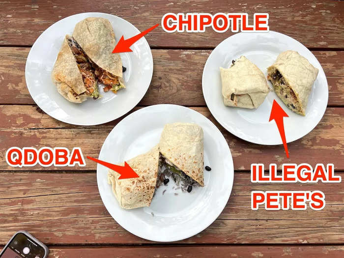 I compared flour tortilla burritos filled with white rice, black beans, pinto beans, veggies, pico de gallo, hot salsa, cheese, sour cream, and guacamole from each location.