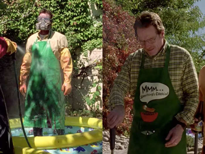 Walter wears two different green aprons for two very contrasting reasons.