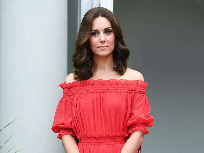 In 2017, Middleton wore an off-the-shoulder Alexander McQueen maxi dress to celebrate the Queen