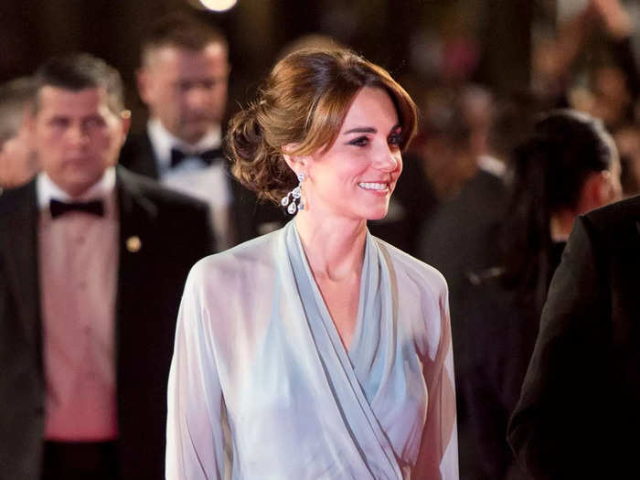 At the 2015 "Spectre" premiere, the duchess wore a Jenny Packham dress that had sheer sleeves.