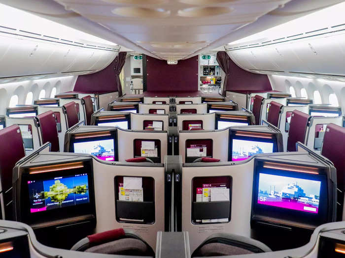 A total of 30 business class suites comprise the eight-row cabin located squarely between the first two boarding doors.