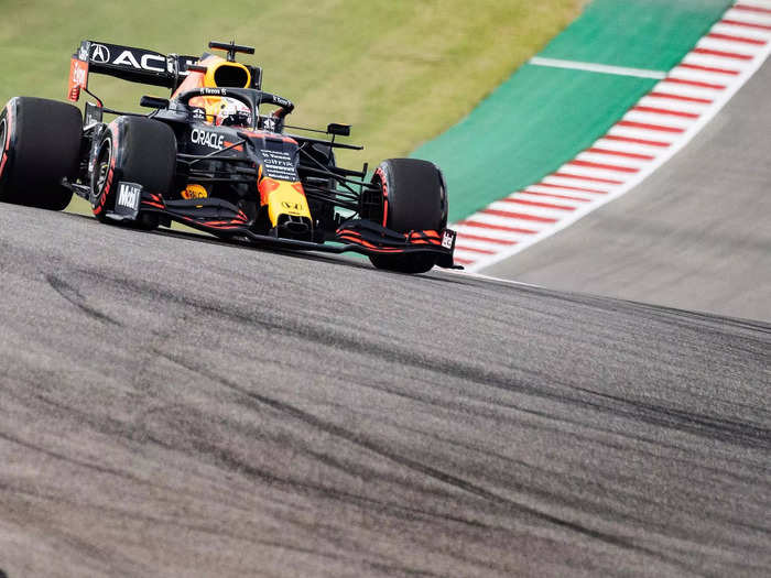 Verstappen takes a turn on the track.