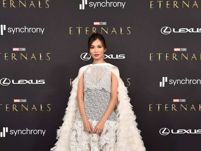 For the "Eternals" premiere, she looked stunning in a white gown designed by Louis Vuitton.