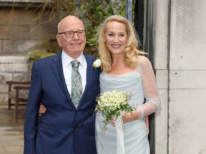 For her 2016 wedding to Rupert Murdoch, Jerry Hall wore a light-blue dress with sheer sleeves.