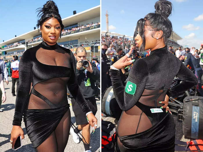 Megan stunned in a velvet and sheer catsuit at the 2021 United States Grand Prix in October 2021.