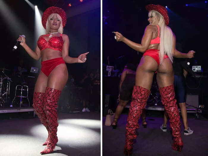 A few months later, the rapper made a statement in an all-red look that included thigh-high boots.