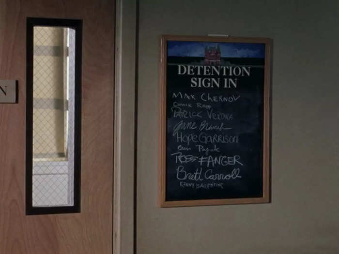 The detention sign-in list is filled with nods to the film