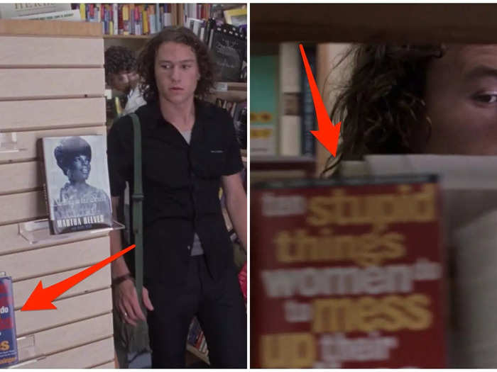 One of the books that Patrick walks by in the bookstore is "10 Stupid Things Men Do to Mess Up Their Lives," written in the same style and font as the title. Kat walks by the  female version a few seconds later.