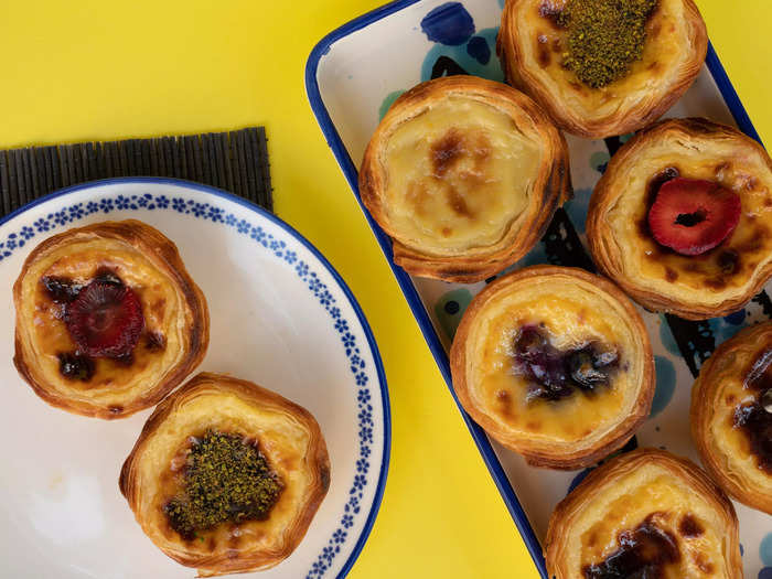 Portuguese custard tarts are filled with eggs, cinnamon, and vanilla.