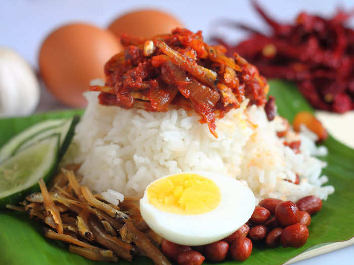 Malaysian nasi lemak is packed with ingredients.