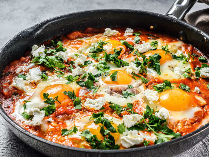 Shakshuka is a colorful breakfast enjoyed throughout Southwest Asian and North African countries.