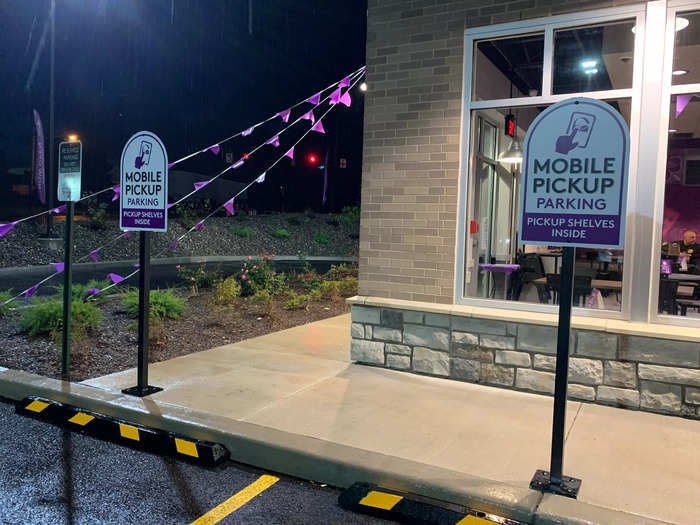 Parking spots near the entrance were marked for customers to pick up mobile orders inside.