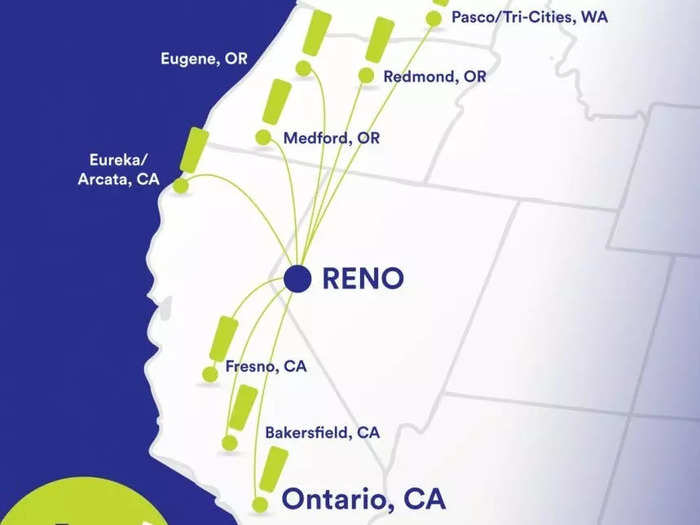 Aha! is starting with eight destinations out of its Reno base, including Bakersfield, California; Ontario, California; Fresno, California; Eureka, California; Medford, Oregon; Eugene, Oregon; Redmond, Oregon; and Pasco/Tri-Cities, Washington.